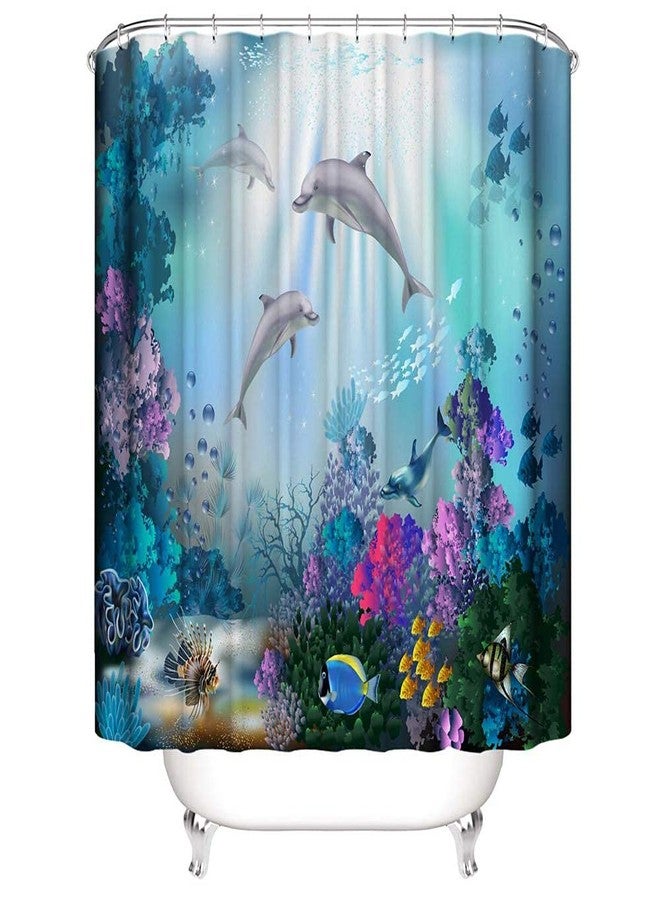 دالين ستارة حمام بتصميم دولفين، ستارة حمام بتصميم عالم البحار "حلم أزرق" مزينة بطحالب ملونة تحت الماء وأشعة الشمس وأسماك استوائية وحيوانات بحرية لطيفة، ستارة حمام مزينة بألوان مائية، مزودة بـ 12 خطافًا، مقاس 72 بوصة × 72 بوصة. - Image 3