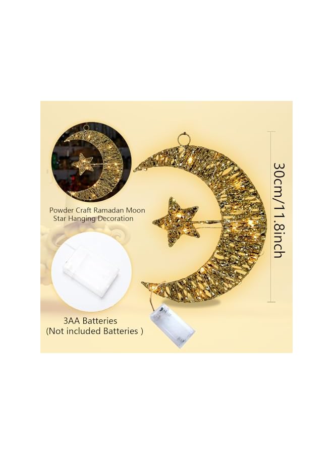 The Bros زينة ضوء نجمة وهلال من الحديد الذهبي 30 سم - زينة معلقة متلألئة لرمضان والعيد مع أضواء تعمل بالبطارية، مثالية للمنزل، الجدار، الحديقة، وزينة الحفلات - أفضل هدية - Image 2
