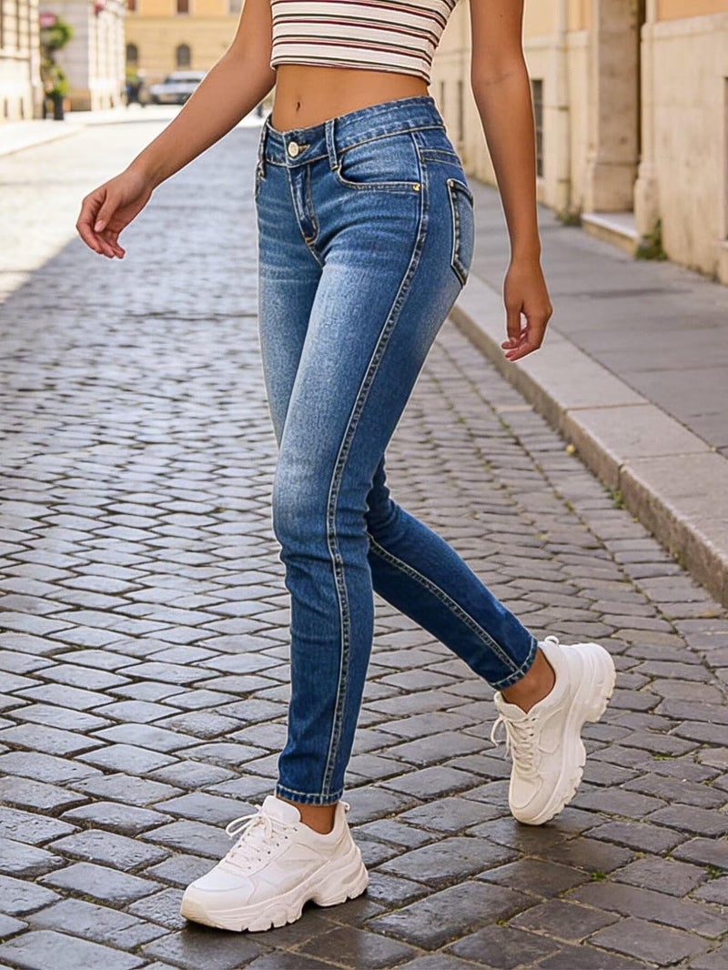 Flamingals Mid Waist Women's Skinny Jeans Butt Lifting Slim Fit Casual Wash Stretchy Skinny Leg Denim Pants with Pocket Mid Wash M - Image 2
