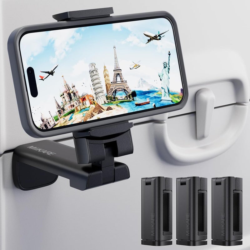 MiiKARE Travel Essentials Airplane Phone Holder, Universal Handsfree Phone Mount for Flying with 360 Degree Rotation, Travel Must Haves Phone Stand for Desk, Tray Table, Black&Black&Black - Image 1