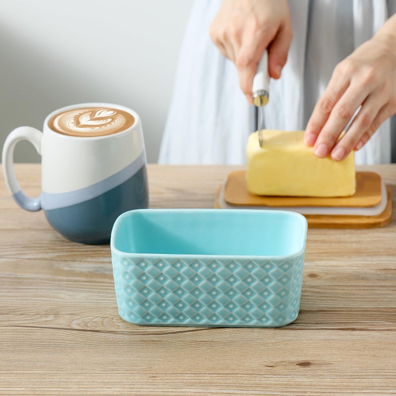 Tikooere Ceramic Butter Dish with Lid,Large Butter Container with Airtight Cover for Countertop or refrigerator,Farmhouse Butter Holder for Kitchen Gifts,Dishwasher Safe,Turquoise Embossed Pattern - Image 5