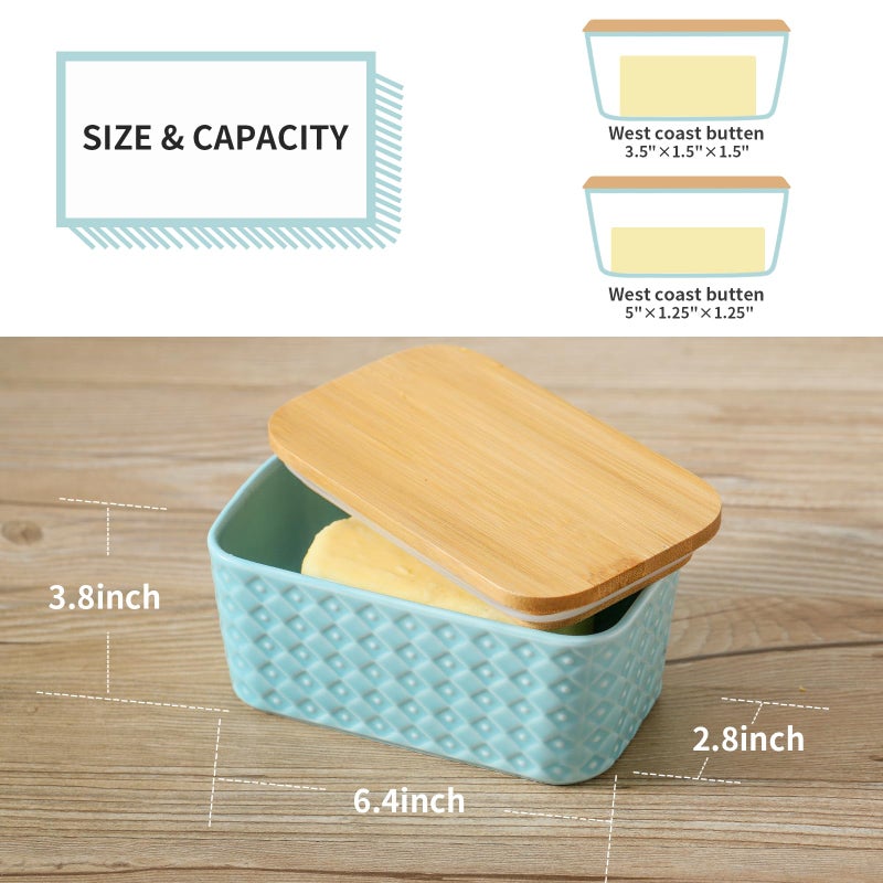 Tikooere Ceramic Butter Dish with Lid,Large Butter Container with Airtight Cover for Countertop or refrigerator,Farmhouse Butter Holder for Kitchen Gifts,Dishwasher Safe,Turquoise Embossed Pattern - Image 2