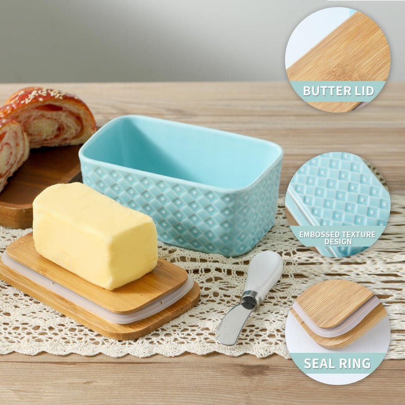 Tikooere Ceramic Butter Dish with Lid,Large Butter Container with Airtight Cover for Countertop or refrigerator,Farmhouse Butter Holder for Kitchen Gifts,Dishwasher Safe,Turquoise Embossed Pattern - Image 3