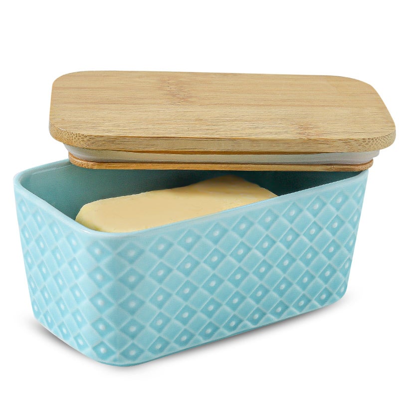 Tikooere Ceramic Butter Dish with Lid,Large Butter Container with Airtight Cover for Countertop or refrigerator,Farmhouse Butter Holder for Kitchen Gifts,Dishwasher Safe,Turquoise Embossed Pattern - Image 1