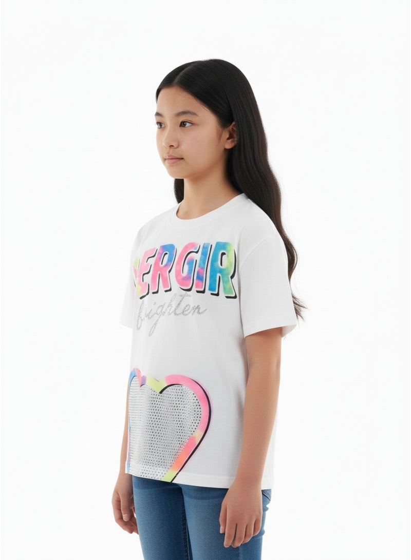 جوانا 22KY067A تيشيرت بناتي بأكمام قصيرة وياقة دائرية بطبعة Super Girl Brighter - أبيض - عمر 12 سنة - Image 2
