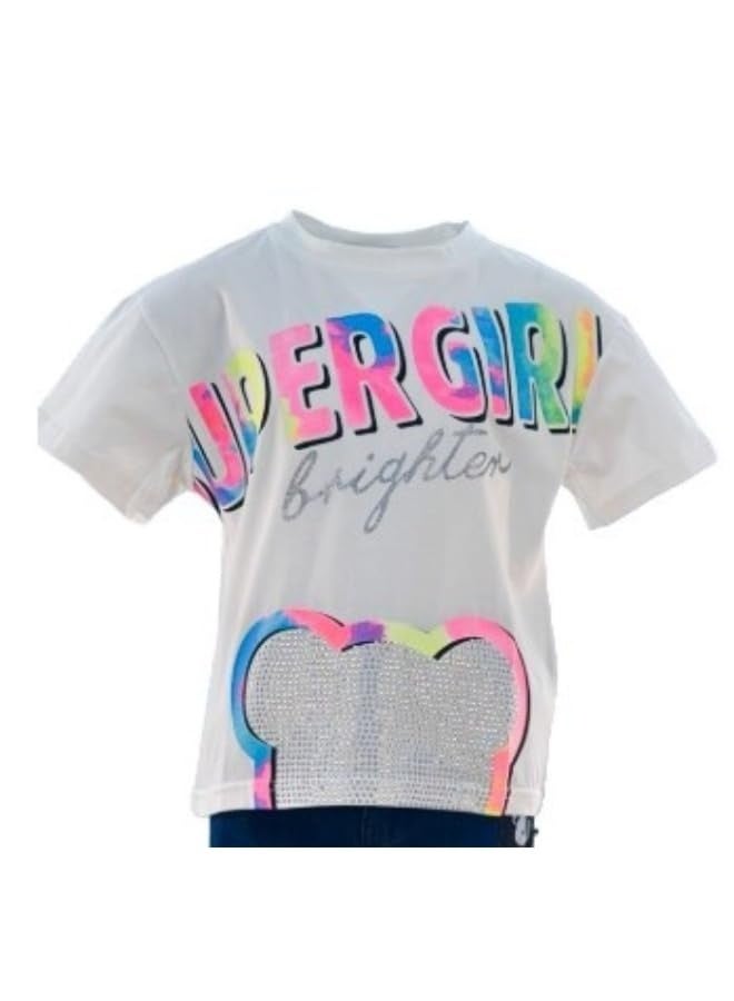 جوانا 22KY067A تيشيرت بناتي بأكمام قصيرة وياقة دائرية بطبعة Super Girl Brighter - أبيض - عمر 12 سنة - Image 4