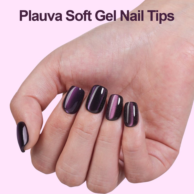 Plauva 150Pcs Cat Eye Press on Nails Short Square, Plauva Soft Gel Fake Nails, Glossy Glitter Cat Eye Nail Tips for Women and Girls Stick On Nails in 15 Sizes - Image 2