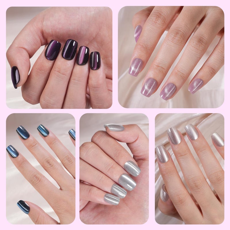 Plauva 150Pcs Cat Eye Press on Nails Short Square, Plauva Soft Gel Fake Nails, Glossy Glitter Cat Eye Nail Tips for Women and Girls Stick On Nails in 15 Sizes - Image 4