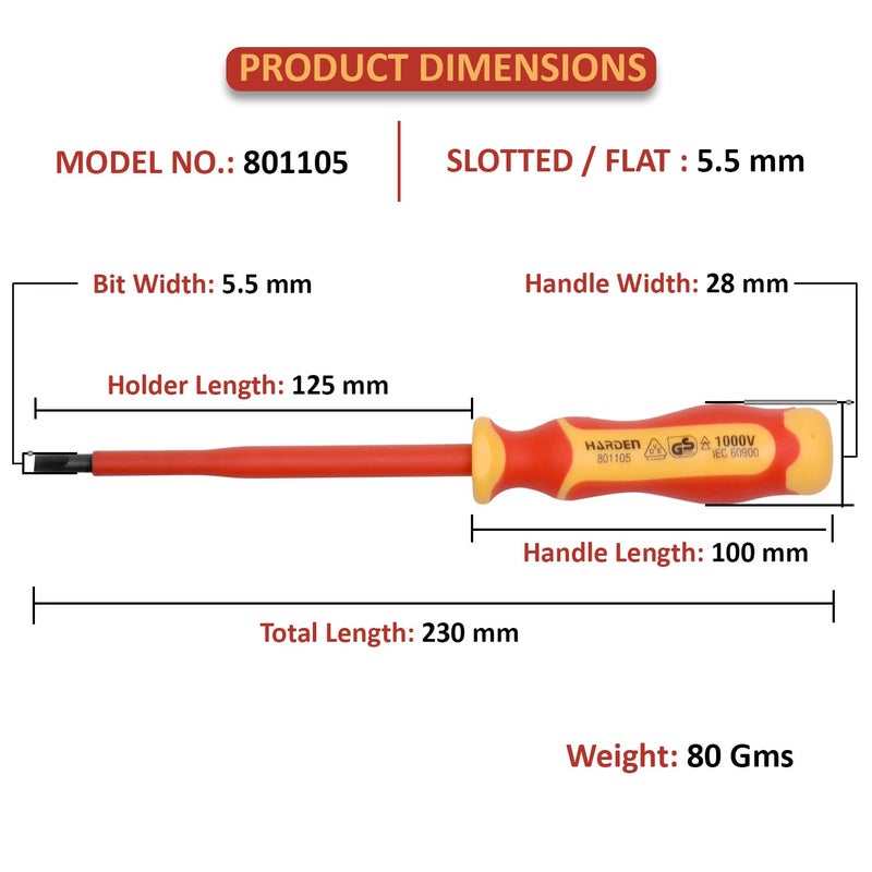 HARDEN Insulated Magnetic Flat Type Slotted Screwdriver 230mm X 55mm Professional Electrician VDE Can Withstand 1000V 801105 - Image 2