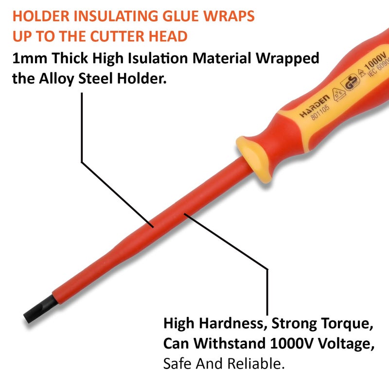 HARDEN Insulated Magnetic Flat Type Slotted Screwdriver 230mm X 55mm Professional Electrician VDE Can Withstand 1000V 801105 - Image 3