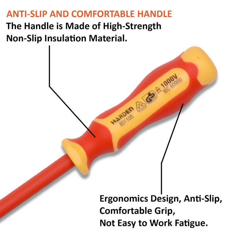 HARDEN Insulated Magnetic Flat Type Slotted Screwdriver 230mm X 55mm Professional Electrician VDE Can Withstand 1000V 801105 - Image 4