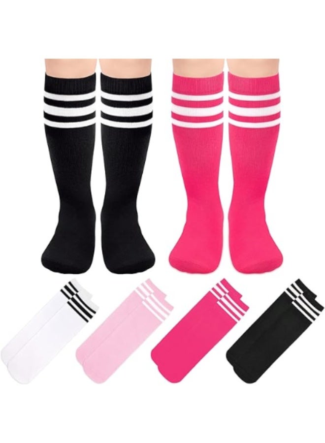 KISSUN 4 Pairs Kids Striped Knee High Socks - Classic 3-Stripe Over The Calf Tube Socks for Boys & Girls, Colorful Long Athletic Socks for School Uniforms, Soccer, and Cheerleading - Image 1