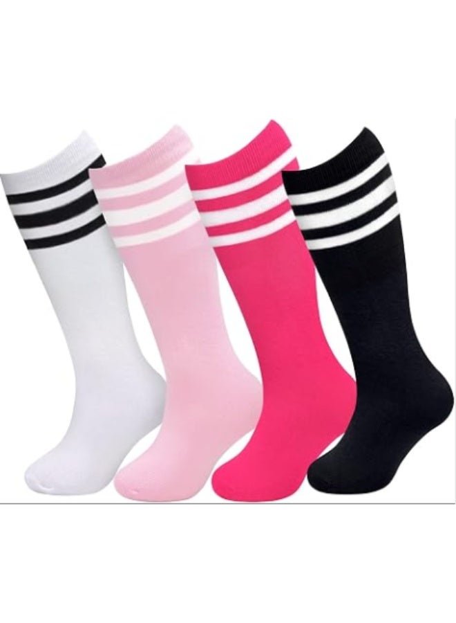 KISSUN 4 Pairs Kids Striped Knee High Socks - Classic 3-Stripe Over The Calf Tube Socks for Boys & Girls, Colorful Long Athletic Socks for School Uniforms, Soccer, and Cheerleading - Image 2