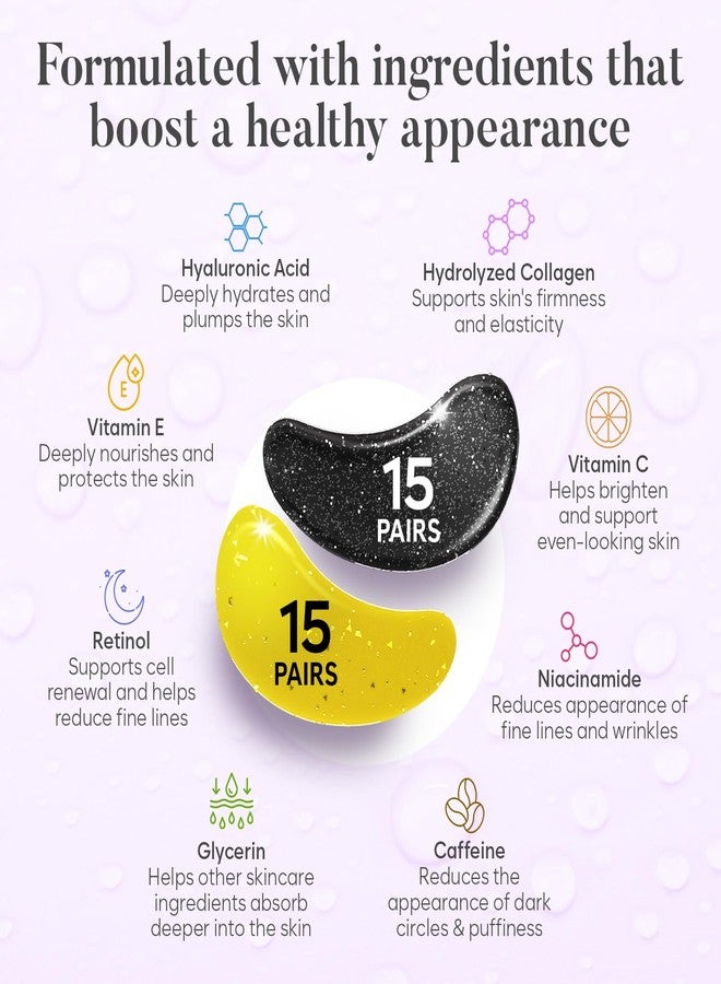 BLOOMORA Under Eye Patches for Puffy Eyes and Dark Circles, Gel Eye Masks with Caffeine, Collagen & Vitamin C, Deeply Moisturizing, Bachelorette Party Favors, Bridesmaid Gifts (30 Pairs, Day & Night) - Image 2