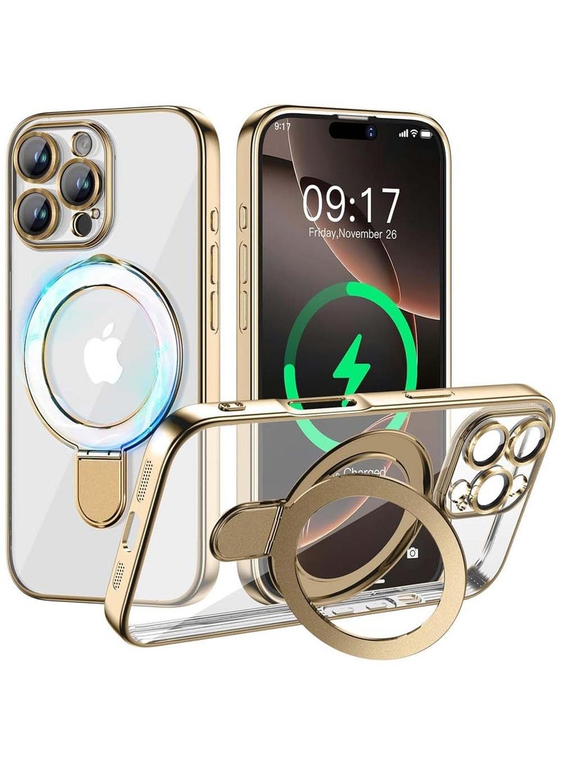 X-level Compatible with iPhone 16 Pro Max Case with Invisible Magnetic Ring Stand [Compatible with Mag-Safe] [Full Camera Lens Protector] Plating Clear Phone Case for iPhone 16 Pro Max,Gold - Image 1