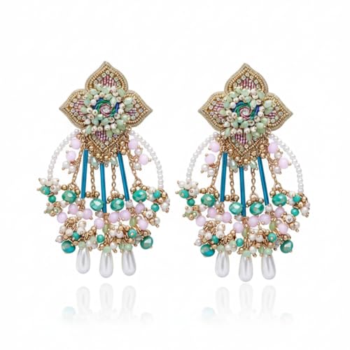 SANJOYA by EVERSTYLISH Embroidered Earrings for Women | Pastel Beads & Pearl Dangler Studs | Ethnic Jewelry for Weddings, Festivals & Special Occasions - Image 1