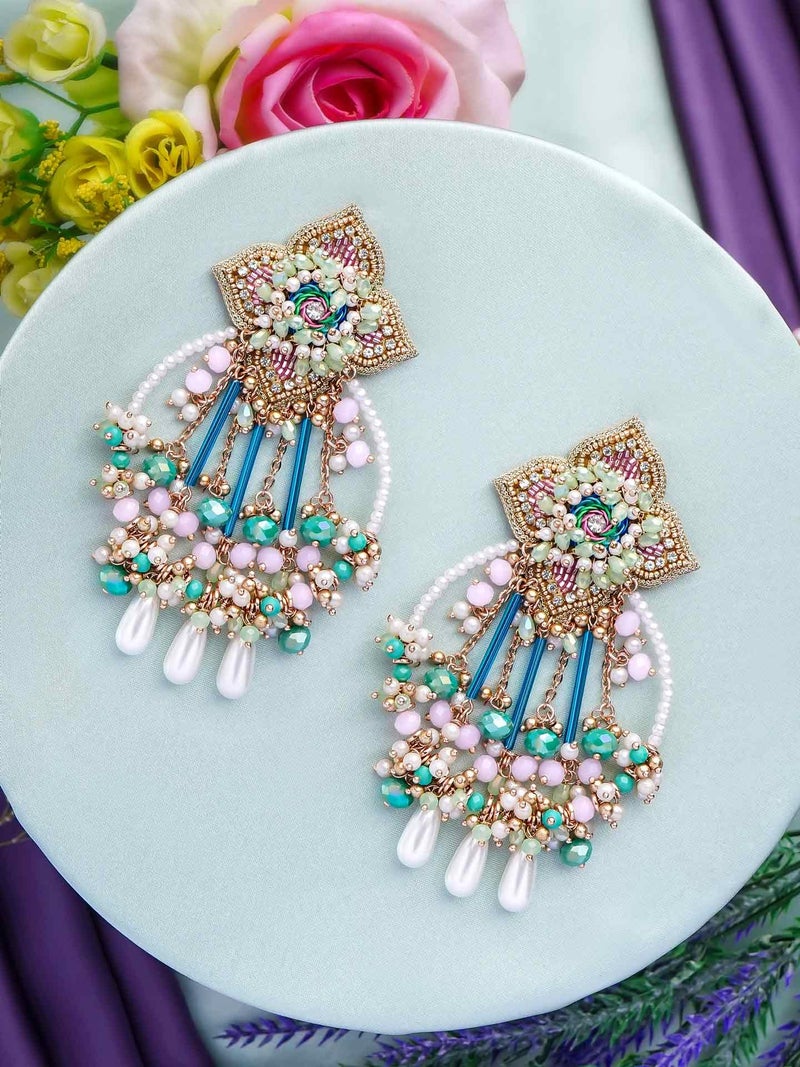 SANJOYA by EVERSTYLISH Embroidered Earrings for Women | Pastel Beads & Pearl Dangler Studs | Ethnic Jewelry for Weddings, Festivals & Special Occasions - Image 3