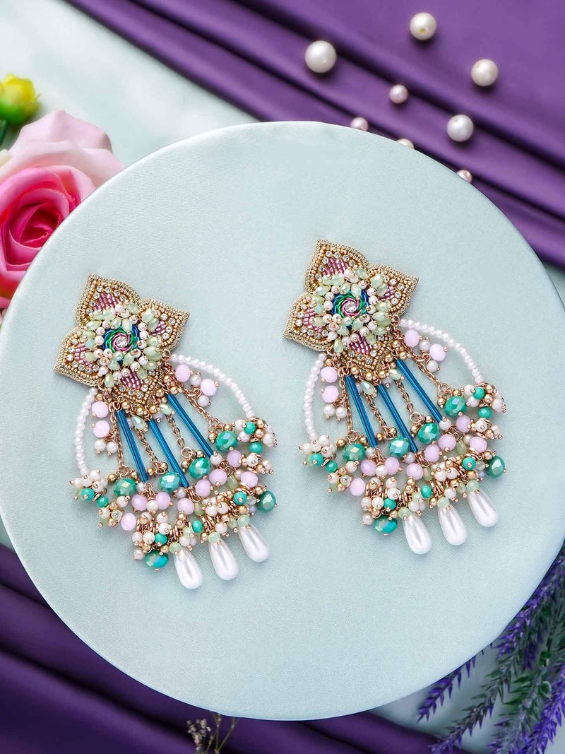 SANJOYA by EVERSTYLISH Embroidered Earrings for Women | Pastel Beads & Pearl Dangler Studs | Ethnic Jewelry for Weddings, Festivals & Special Occasions - Image 2