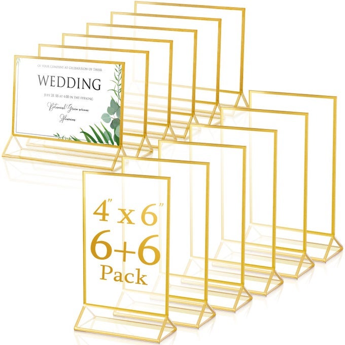 12 PIECES GOLD FRAMES CLEAR ACRYLIC SIGN HOLDER DOUBLE SIDED MENU DISPLAY STAND WITH GOLD BORDERS 2MM TABLE NUMBER HOLDER FOR WEDDING RECIPE CARDS PHOTO DISPLAYHORIZONTAL VERTICAL4 X 6 INCH
