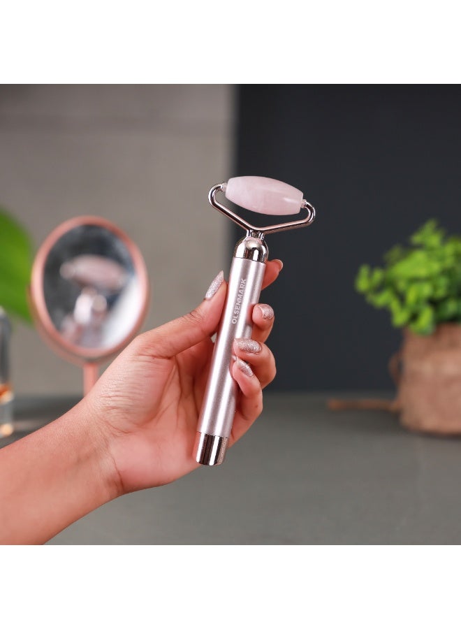 Olsenmark Electric Facial Massager, Battery Operated Face Massage Device with 3 Interchangeable Heads, Micro Vibration Technology, Natural Crystal Stone Head, Portable Skincare and Beauty Tool for Facial Care and Product Application Rose Gold - Image 1