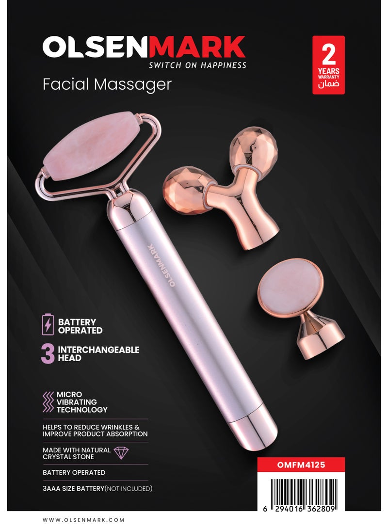 Olsenmark Electric Facial Massager, Battery Operated Face Massage Device with 3 Interchangeable Heads, Micro Vibration Technology, Natural Crystal Stone Head, Portable Skincare and Beauty Tool for Facial Care and Product Application Rose Gold - Image 2