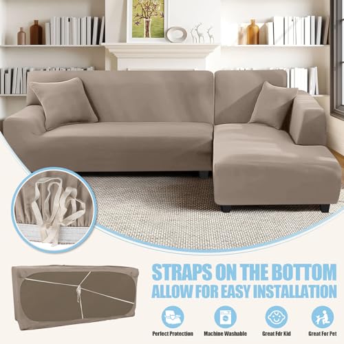 KinCam Sectional Couch Covers L Shape Sofa Covers Super Stretch 2pcs Sofa Slipcovers for 3 + 3 Seaters Sectional Chaise Slipcover with 2pcs Pillow Covers for Pets Kids, Taupe - Image 3