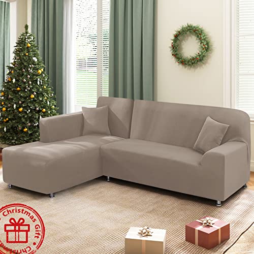 KinCam Sectional Couch Covers L Shape Sofa Covers Super Stretch 2pcs Sofa Slipcovers for 3 + 3 Seaters Sectional Chaise Slipcover with 2pcs Pillow Covers for Pets Kids, Taupe - Image 5