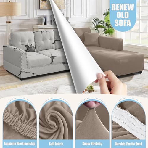KinCam Sectional Couch Covers L Shape Sofa Covers Super Stretch 2pcs Sofa Slipcovers for 3 + 3 Seaters Sectional Chaise Slipcover with 2pcs Pillow Covers for Pets Kids, Taupe - Image 2