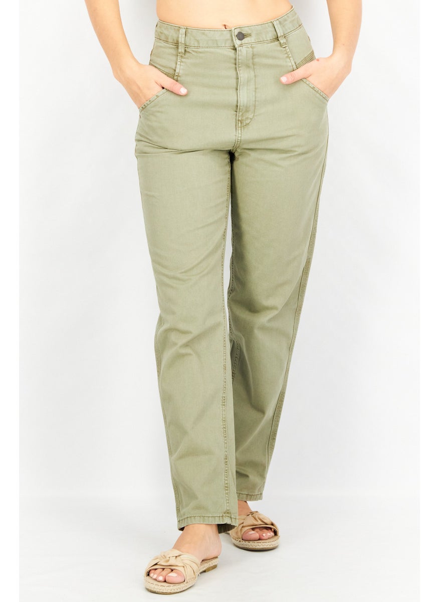 EDC Women Regular Fit Wide Leg Solid Pants, Olive  - Image 1
