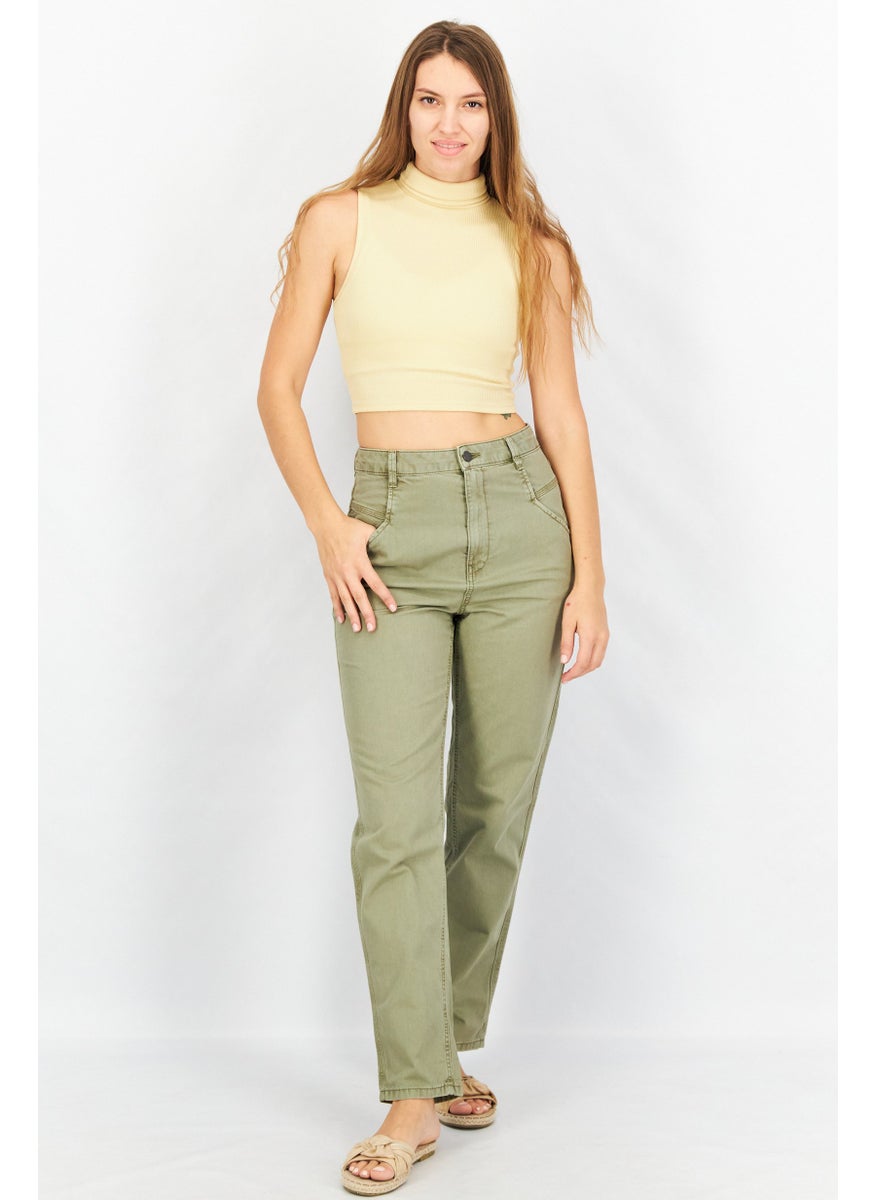 EDC Women Regular Fit Wide Leg Solid Pants, Olive  - Image 3
