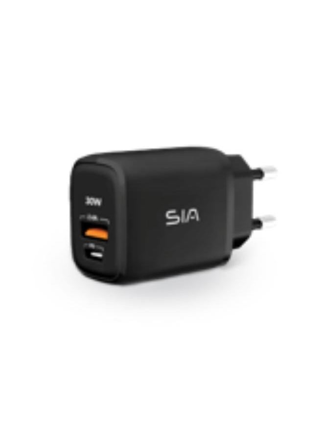 SIA (SI-CH002B) PD QC CHARGER 30W 1PD TYPE-C PORT + USB-A QC
