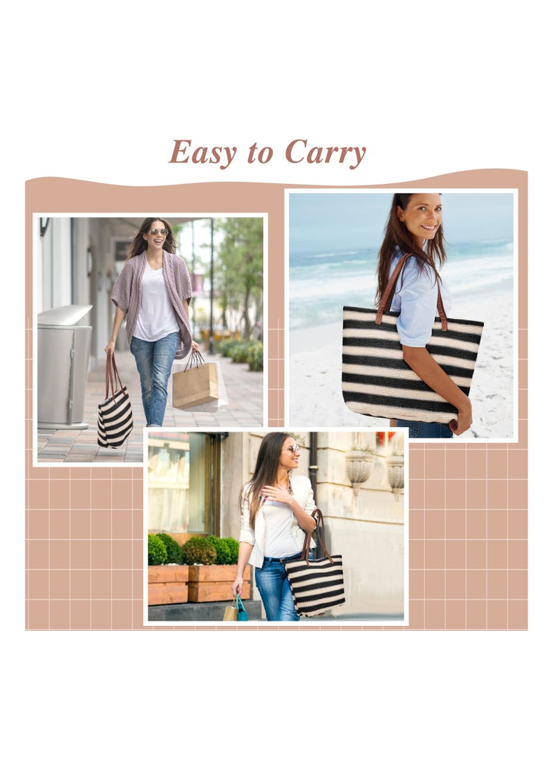 Loquat Large Stripe Straw Bag, Stylish Summer Tote Bag Beach Bag for Women with Zipped Inner Pocket, Bohemian Woven Shoulder Bag for Travel Shopping Picnic School Gym  - Image 5