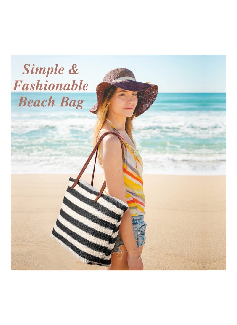 Loquat Large Stripe Straw Bag, Stylish Summer Tote Bag Beach Bag for Women with Zipped Inner Pocket, Bohemian Woven Shoulder Bag for Travel Shopping Picnic School Gym  - Image 2