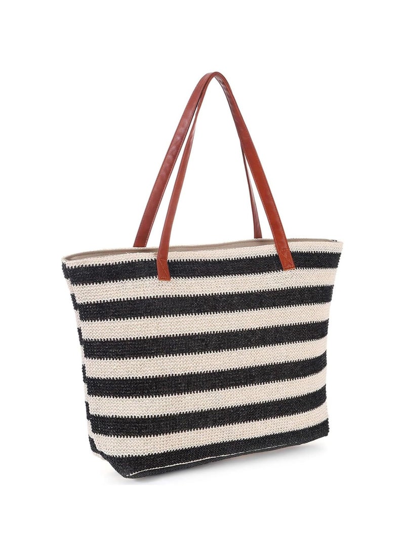 Loquat Large Stripe Straw Bag, Stylish Summer Tote Bag Beach Bag for Women with Zipped Inner Pocket, Bohemian Woven Shoulder Bag for Travel Shopping Picnic School Gym  - Image 1