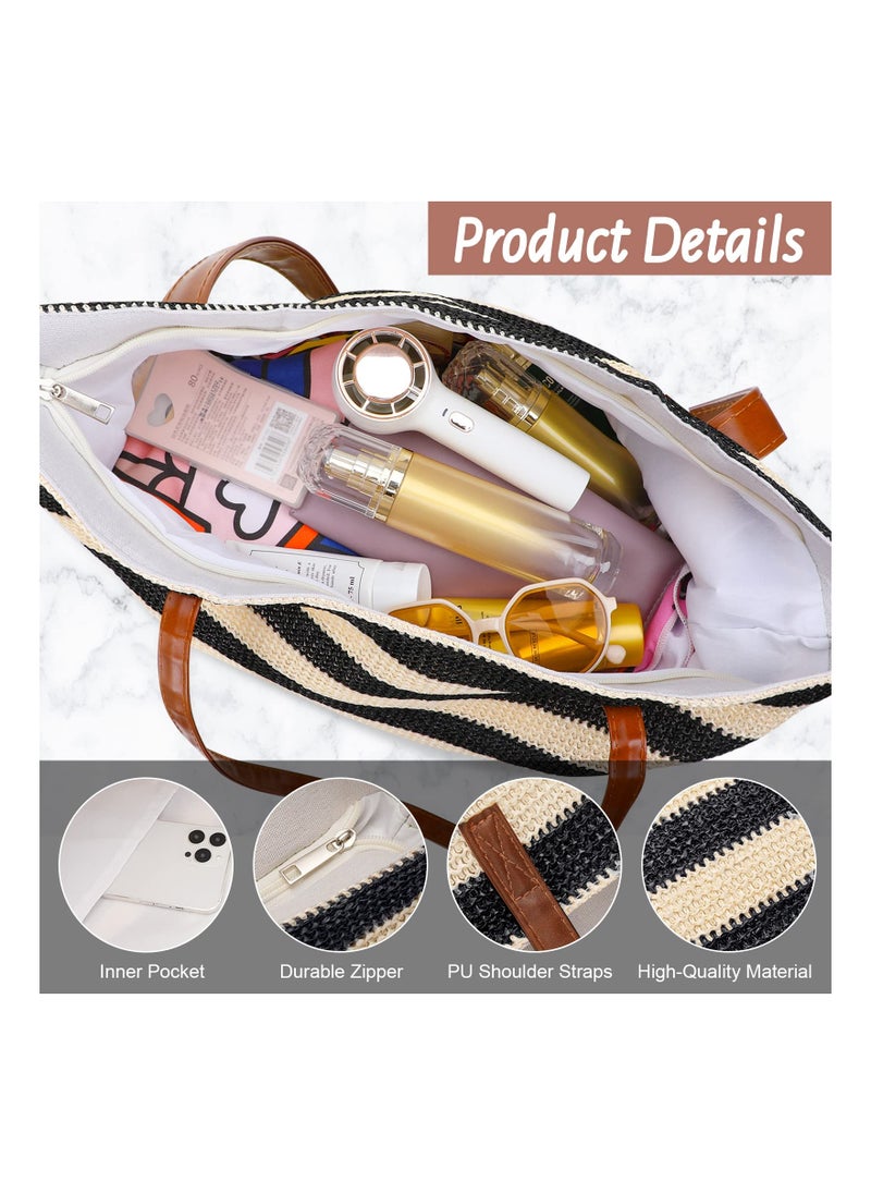 Loquat Large Stripe Straw Bag, Stylish Summer Tote Bag Beach Bag for Women with Zipped Inner Pocket, Bohemian Woven Shoulder Bag for Travel Shopping Picnic School Gym  - Image 3