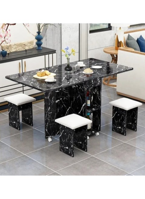 Extendable Folding Dining Table Set , Multifunctional Mobile Kitchen Table, Folding Kitchen Table with 2-Layer Shelf, 6 Wheels, With Four Benches