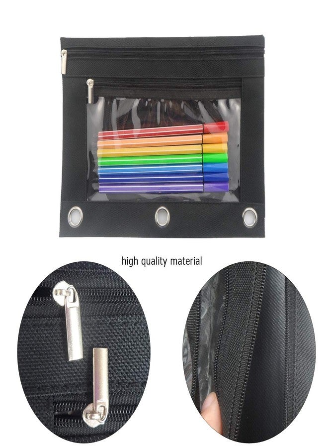 Enyuwlcm 3 Ring Binder Pencil Pouch with Durable Zipper Binder Pencil Case with Clear Window 2 Pocket Black Canvas 4 Pack - Image 2