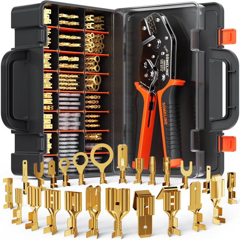 SOMELINE Spade Terminal Crimping Tool Kit AWG 24-14, 24 Types 2.8/3.9/4.8/6.3 mm Male & Female Quick Disconnect Non-Insulated Connectors - Open Barrel Crimping Tool - Image 1