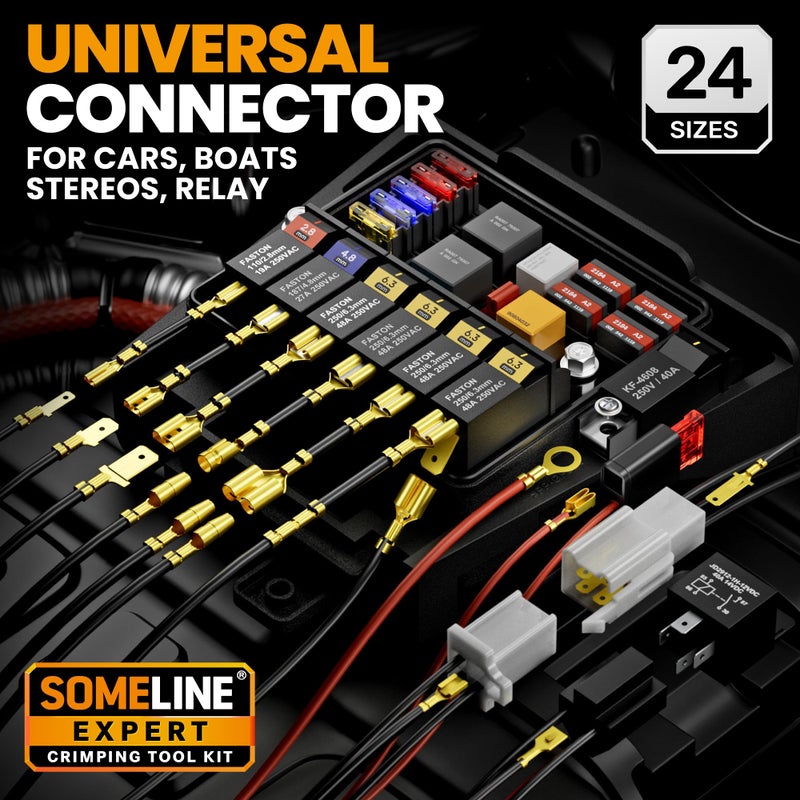 SOMELINE Spade Terminal Crimping Tool Kit AWG 24-14, 24 Types 2.8/3.9/4.8/6.3 mm Male & Female Quick Disconnect Non-Insulated Connectors - Open Barrel Crimping Tool - Image 3