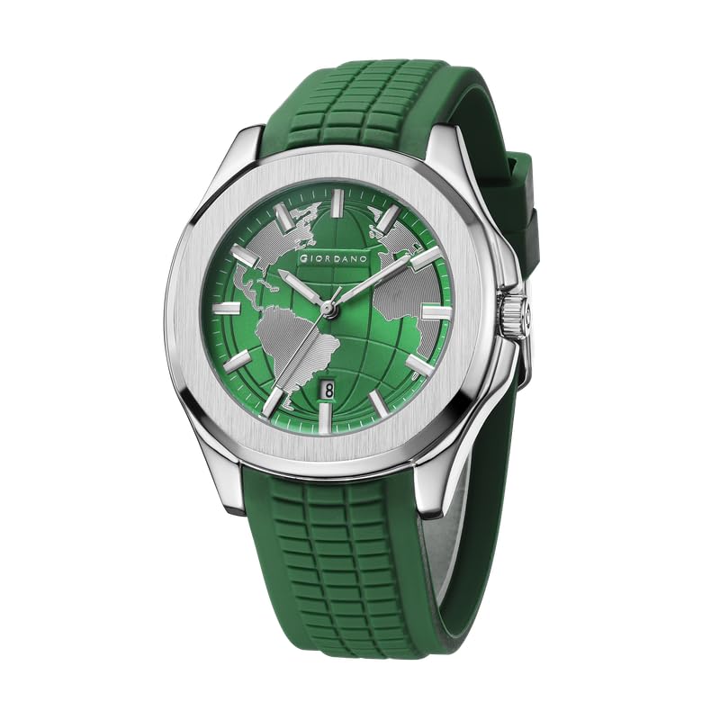 Giordano Stylish World Map Design Analog Watch for Men with Silver Case Round Dial, Textured Silicone Strap, Water Resistant and Date Display Function - GZ-50147 - Image 1