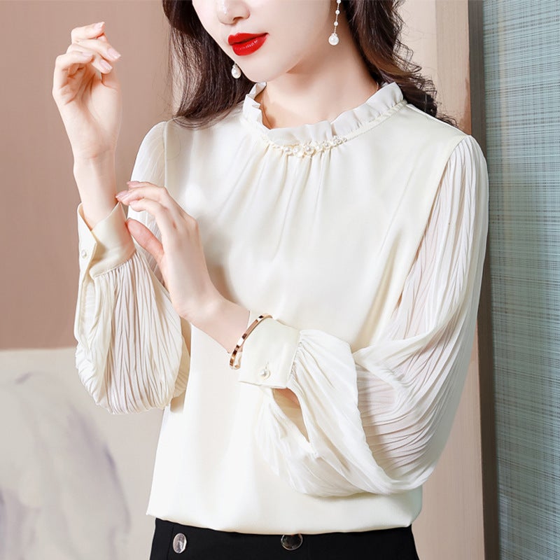 Real shot 2025 autumn new shirt womens long sleeve collar nail beads solid color temperament all-match top Black - Image 2