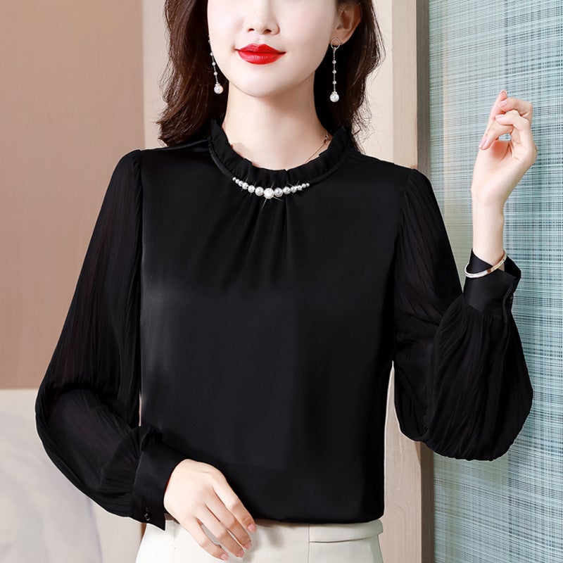 Real shot 2025 autumn new shirt womens long sleeve collar nail beads solid color temperament all-match top Black - Image 1
