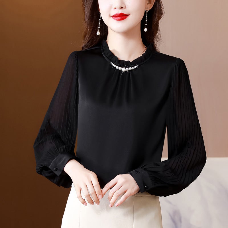 Real shot 2025 autumn new shirt womens long sleeve collar nail beads solid color temperament all-match top Black - Image 4