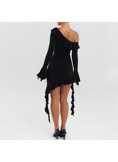 NIBEMINENT Spring Fashion Short-sleeved Skew Neckline Skirt Slim Backless Wooden Ear Hem Dress  - Image 2