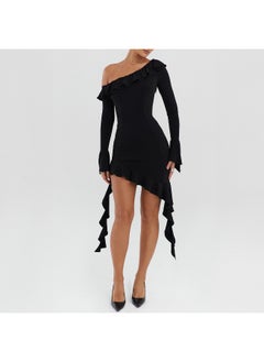NIBEMINENT Spring Fashion Short-sleeved Skew Neckline Skirt Slim Backless Wooden Ear Hem Dress  - Image 4