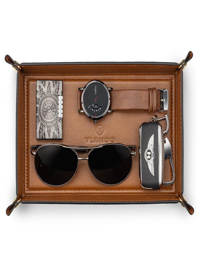 VLANDO PU Leather Valet Tray, 8.5 x 5 x 1.5 Inch Catchall Organizer for Men, Desk Nightstand Dresser Holder for Keys Phone Wallet Watch Coins, Entryway Gift - Image 1