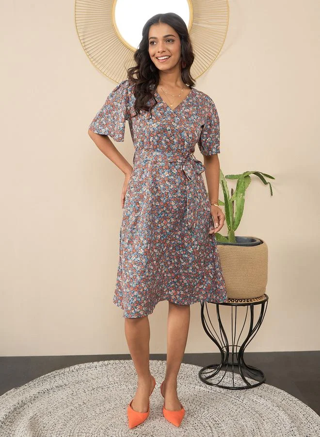 Stylestone Floral Print V-Neck Wrap Knee Length Dress