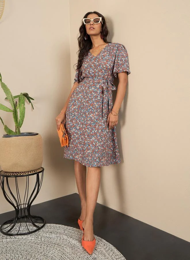 StyleStone Stylestone Floral Print V-Neck Wrap Knee Length Dress