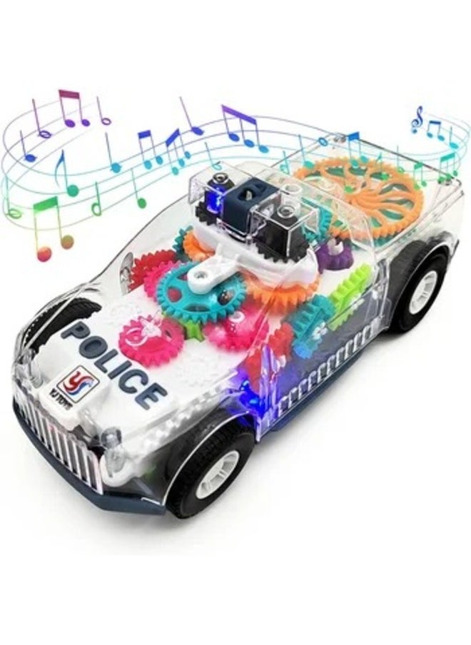 Toy Box - Transparent Electric Police Car Gear Toy with Flashing Lights & Music, Automatically Changes Direction, Bump and Go Toddler Gift, for Boys Girls - Image 1