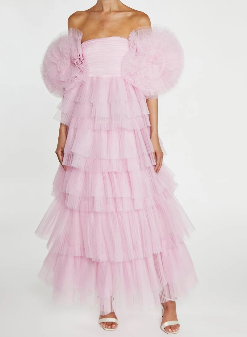 True Decadence Nancy Powder Pink 3D Floral Sleeve Tiered Maxi Dress